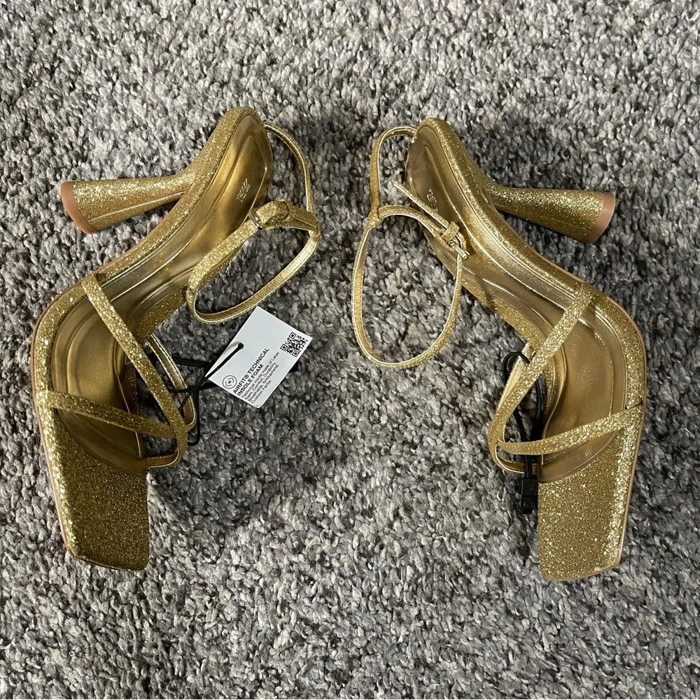 Zara Gold Strappy Glitter Heeled Sandals Size 6 - Picture 11 of 15